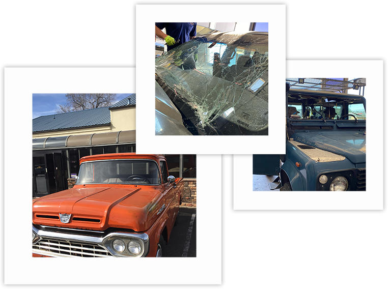 cars with repaired windshields, one car with cracked windshield waiting for repair and replacement at Bennett Glass and Mirror in Prescott, Arizona