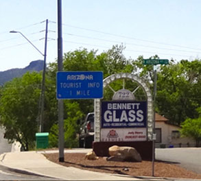 Bennett Glass and Mirror glass shop logo sign outside building in Prescott Arizona